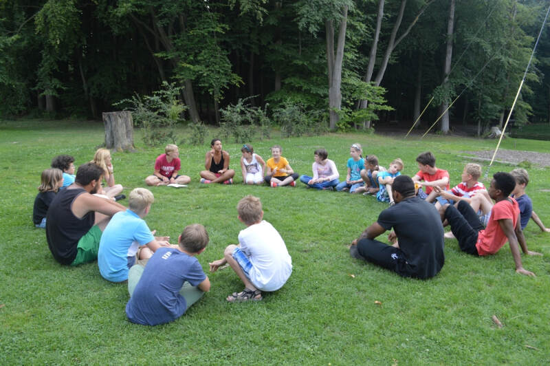 Teambesprechung im Grünen im Englisch Sprachcamp in Wiligrad in Mecklenburg-Vorpommern