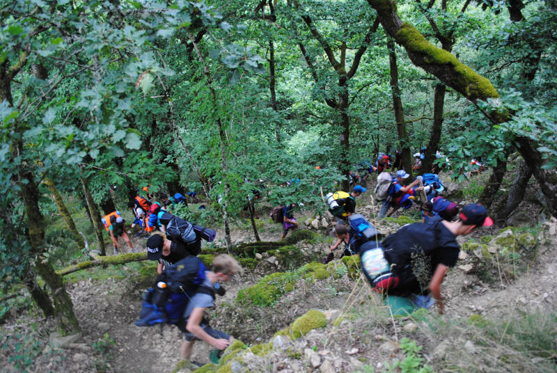 Eine Gruppe Wanderer kommt im Feriencamp Baden-Württemberg auf einem schmalen Zick-Zack-Pfad den Berg hinauf