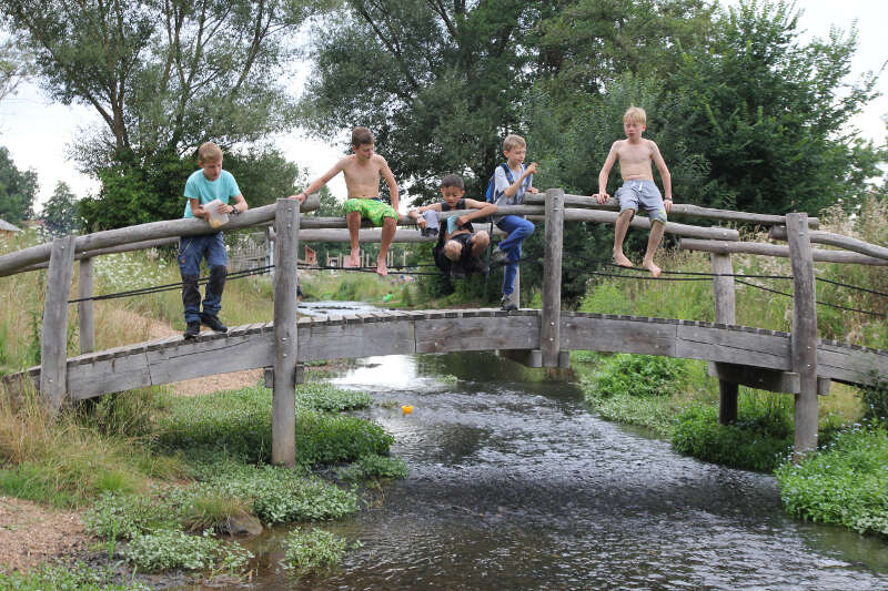 Jungs klettern auf einer Brücke in der Kinderfreizeit Franken