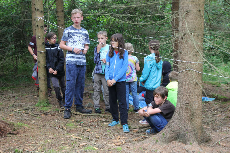 Gruppe steht im Wald in der Kinderfreizeit Nürnberg