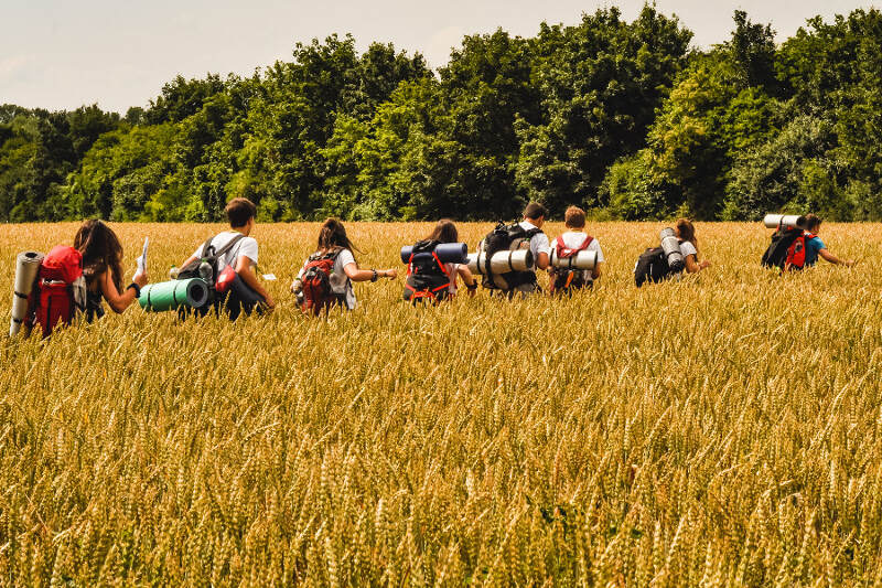 Eine Jugendgruppe wandert mit Sack und Pack durch ein Kornfeld im Feriencamp Bayern