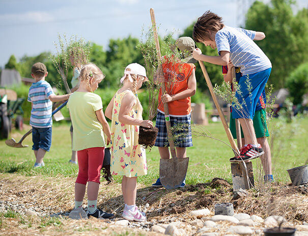 Kinder pflanzen Bäume im Sommercamp Stuttgart