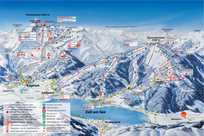 Plan der Pisten auf dem Kitzsteinhorn und der Schmittenhöhe mit den Städten Zell am See und Kaprun