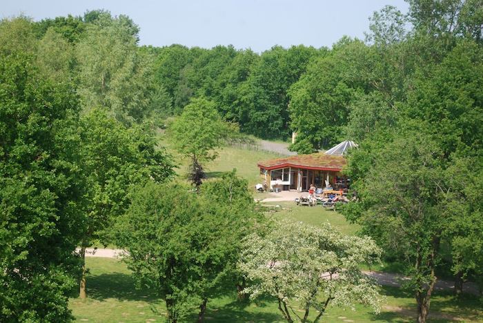 Blik op accommodatie midden in het groen tijdens jeugdkamp.