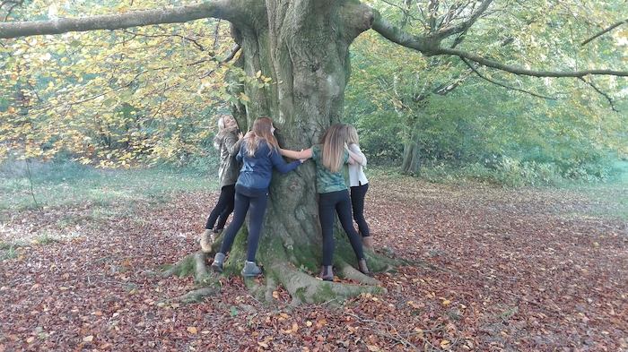 Kinder umarmen einen Baum im Kreativcamp Tanzen an der Ostsee