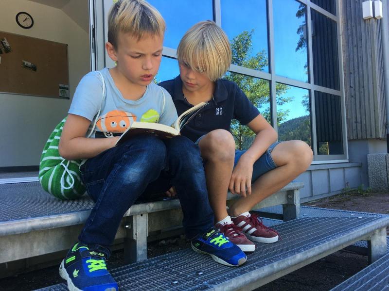 Zwei Jungs eines Ferienlagers Bodensee schauen zusammen in ein Buch.