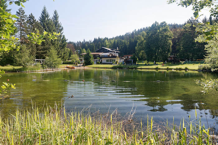 Kinder eines Sportcamps haben einen Teich