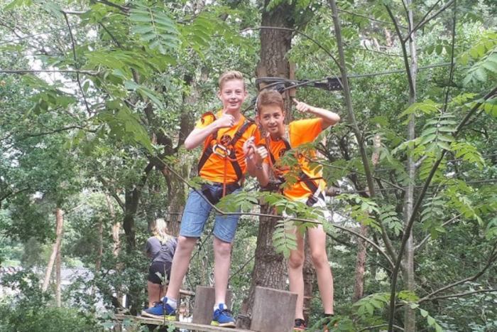 Teilnehmer einer Kinderreise Holland stehen im Baum