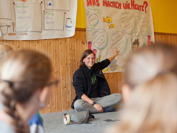 Teilnehmer einer Kinder Jugendfreizeit präsentieren Plakate