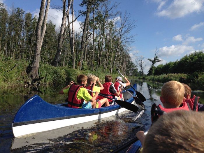 Die Kinder paddeln während der Ferienbetreuung in ihren Kanus über den Fluss