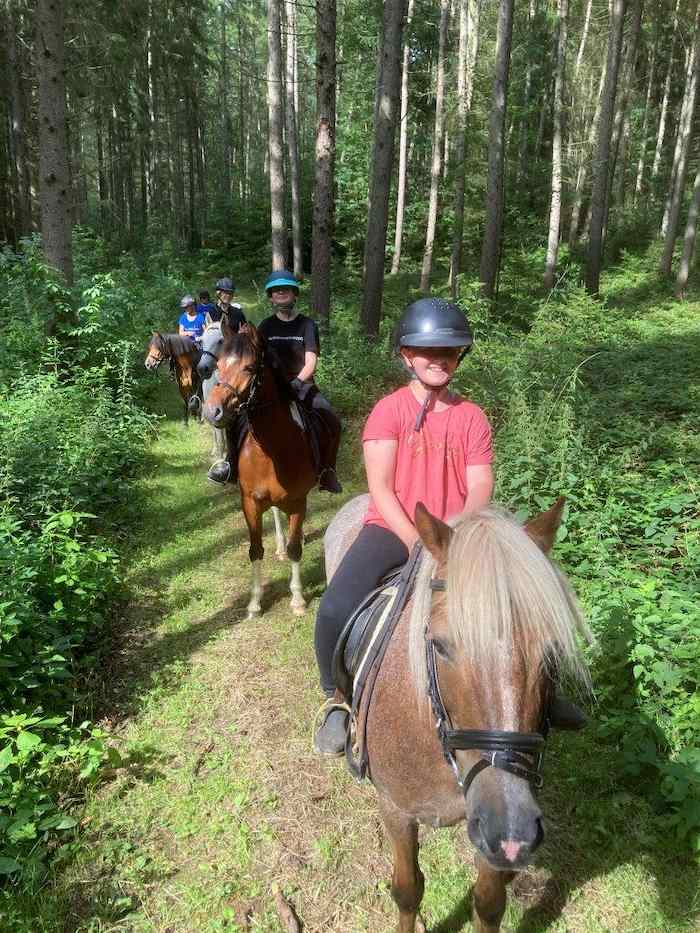 Kinder auf den Pferden im Wald