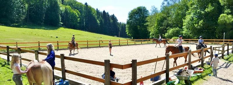 Kinder der Reiterferien für Kinder reiten auf einer Sandbar