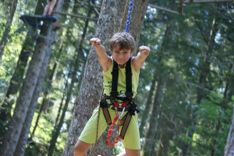 Teilnehmer eines Sportlagers klettern im Baum