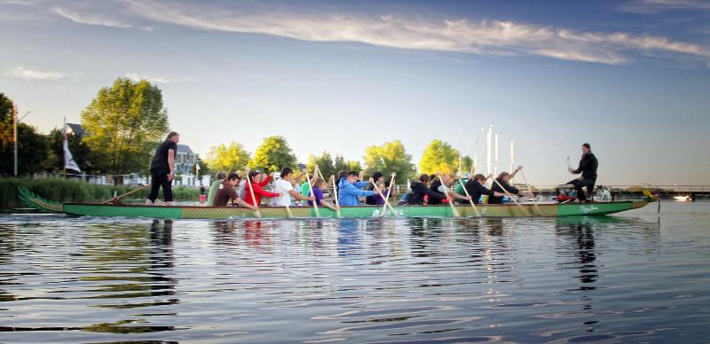 Teilnehmer eines Feriencamps am Wasser rudern