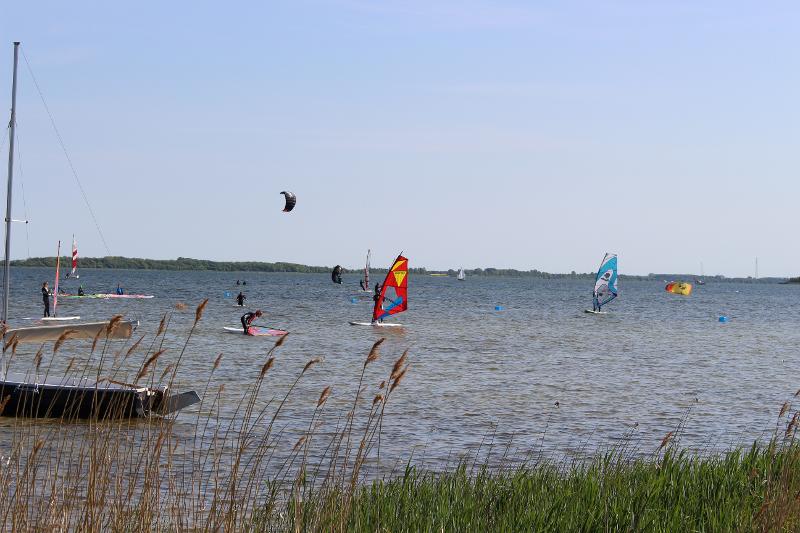An der Ostsee üben im Windsurfcamp viele Kinder auf dem Wasser, wie man richtig windsurft.