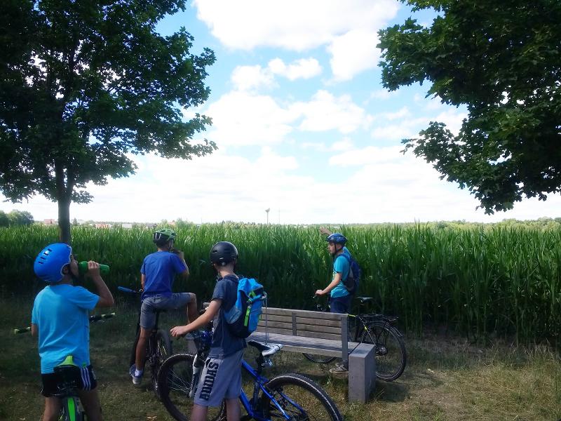 Eine Gruppe Jungs vom Ferienlager Kulkwitzer See steht gemeinsam mit ihren Fahrrädern an einem Feld und machen eine Trinkpause.