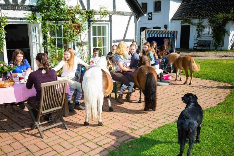 Teilnehmerinnen von Lüneburger Heide Reiturlaub essen draußen neben Ponys