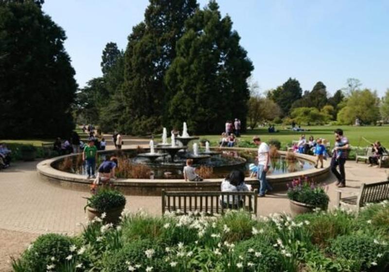 Teilnehmer der Sprachreise Englisch sitzen an einem Brunnen im botanischen Garten