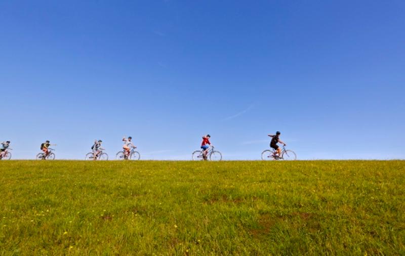 Gruppe fährt Fahrrad auf dem Damm im Jugendcamp Ostsee