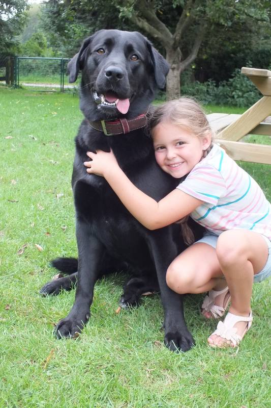 Ein Mädchen umarmt den schwarzenHof-Hund